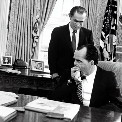 Prompt: Richard Nixon drinking out of a bottle of whiskey in the oval office, photo