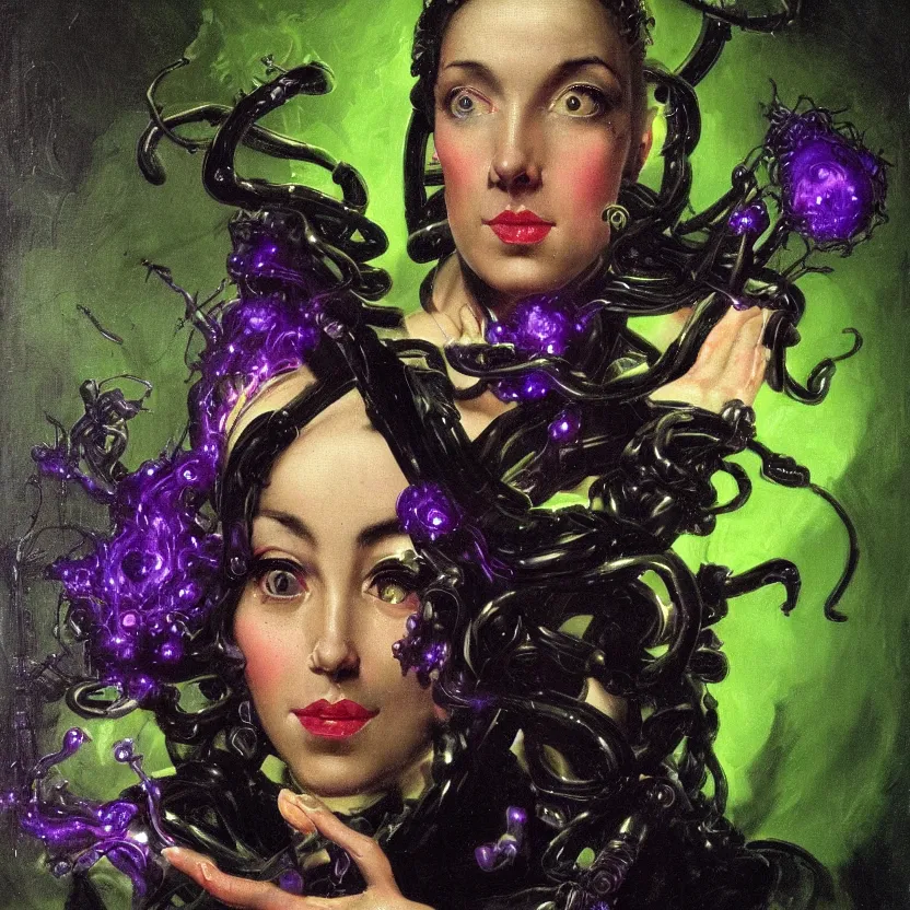 Prompt: a baroque neoclassicist close - up portrait of a retrofuturistic witch surrounded by black glowing lovecraftian technology. head, face and shoulders, deep green and purple foggy black background. renaissance portrait painting. highly detailed science fiction painting by norman rockwell, frank frazetta, and syd mead. rich colors, high contrast, gloomy atmosphere, dark background. trending on artstation.