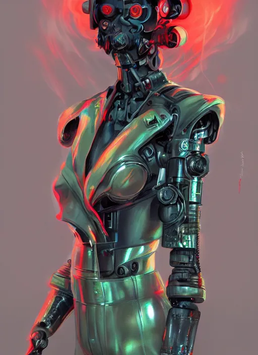 Image similar to symmetry!!! closeup portrait of a cyborg vape girl, fashion mechanic jumpsuit with shiny shoulder pads, cinematic light, windy, red green, volumetric smoke, mist, by gerald brom, by mikhail vrubel, by peter elson, muted colors, extreme detail, trending on artstation, 8 k