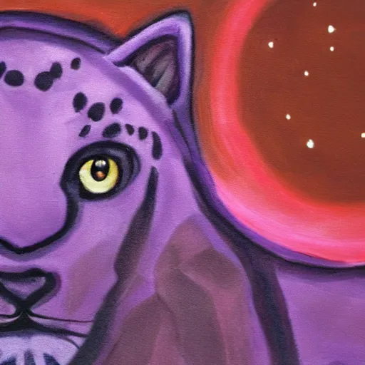 Image similar to closeup of a purple panther roaring at the moon in the forest. night. large moon in the center. detailed eyes. sharp teeth. cinematic. painting. concept art. rustic. gritty.