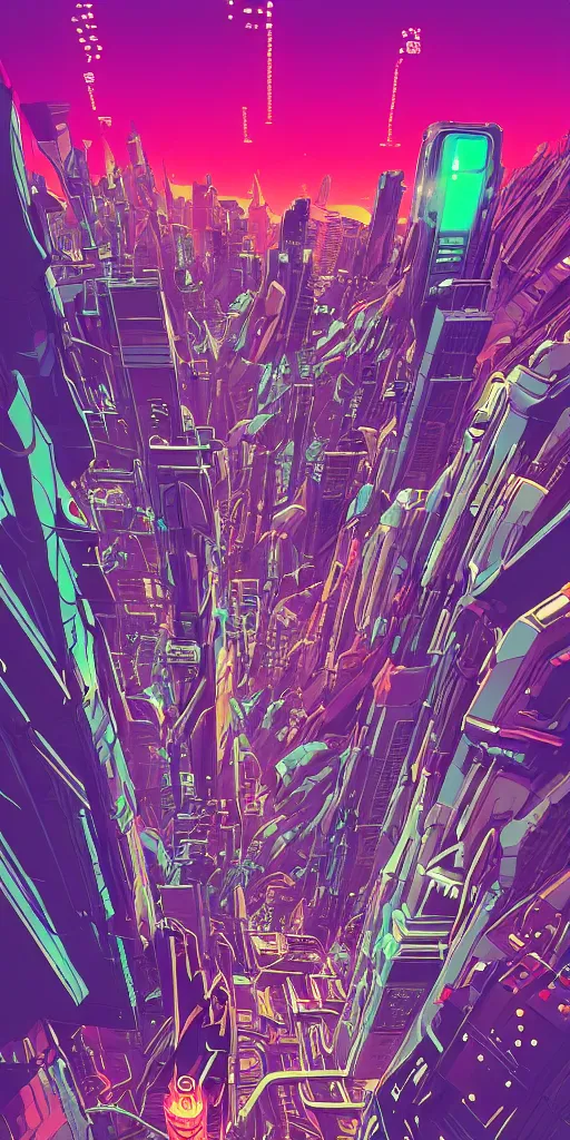 Image similar to astronaut cyberpunk surreal upside down city, neon lights, sharp edges, flat colors, cell shaded by moebius, Jean Giraud, trending on artstation