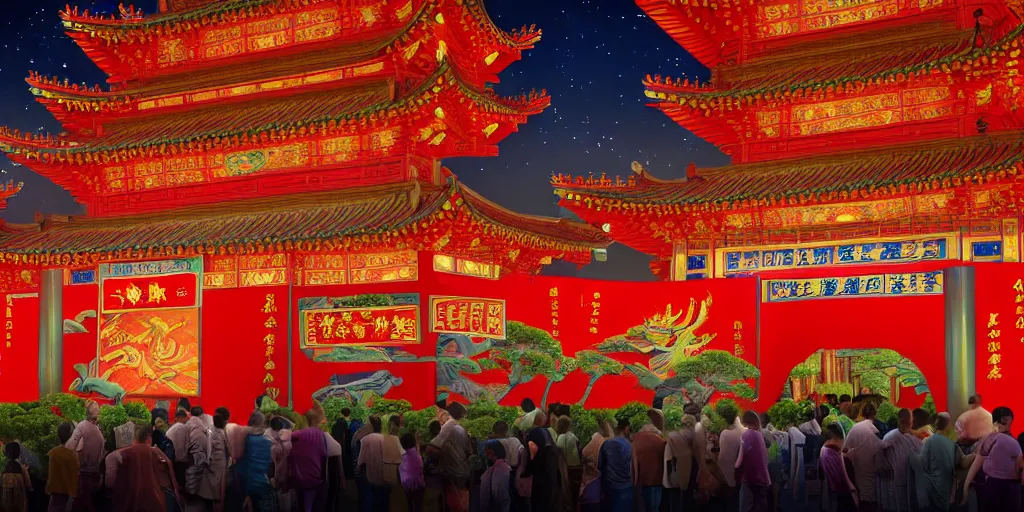 Prompt: a very high resolution image from a new movie, brightly lit chinese pavilion and building in front of many towering skyscrapers, kongming lanterns in the sky, in the night, fantasy, low angle, wideshot, photorealistic, photography, directed by wes anderson, octane render sci - fi, engine room, highly detailed