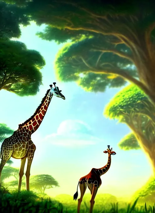 Image similar to a wholesome animation key shot of a giraffe, jungle in the background, studio ghibli, pixar and disney animation, sharp, rendered in unreal engine 5, anime key art by greg rutkowski, bloom, dramatic lighting