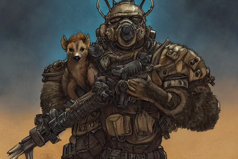 Image similar to a good ol'hyena fursona ( from the furry fandom ), heavily armed and armored facing down armageddon in a dark and gritty version from the makers of mad max : fury road. witness me.