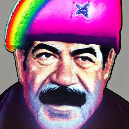 Image similar to rainbow portrait of saddam hussein wearing a pink puffy jacket and a black bucket hat, 8 k, very detailed, very intricate,