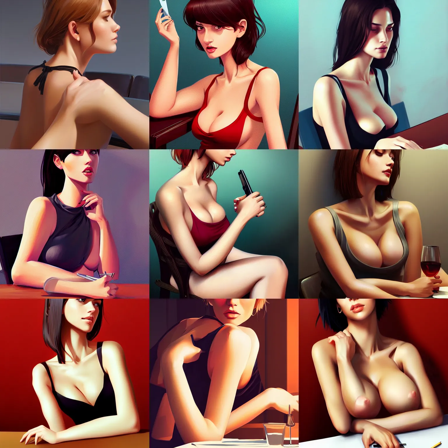 Prompt: sexy girl in a low cut blouse, seductive pose, sitting at a table. highly detailed, digital painting, artstation, concept art, smooth, sharp focus, art by ilya kuvshinov, high definition digital art