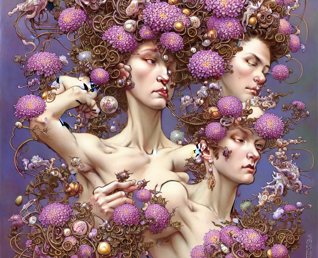 Image similar to flowers flowers flowers, ultra realistic, intricate details, the fifth element artifacts, highly detailed by peter mohrbacher, hajime sorayama, wayne barlowe, boris vallejo, aaron horkey, gaston bussiere, craig mullins alphonse mucha, art nouveau curves swirls and spirals, flying white doves flowers pearls beads crystals jewelry goldchains scattered