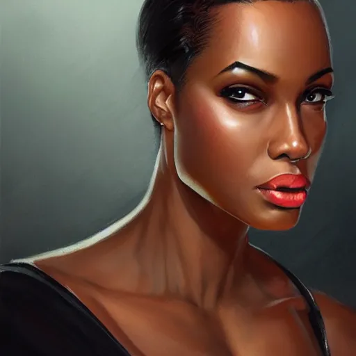 Prompt: confident black female lawyer, superstar litigator, portrait, highly detailed, digital painting, trending on artstation, concept art, sharp focus, illustration, art by artgerm and greg rutkowski and magali villeneuve