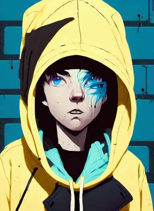 Image similar to highly detailed portrait of a street punk lady student, blue eyes, parka hoodie, hat, white hair by atey ghailan, by greg rutkowski, by greg tocchini, by james gilleard, by joe fenton, by kaethe butcher, gradient yellow, black, brown and cyan blue color scheme, grunge aesthetic!!! ( ( graffiti tag wall background ) )