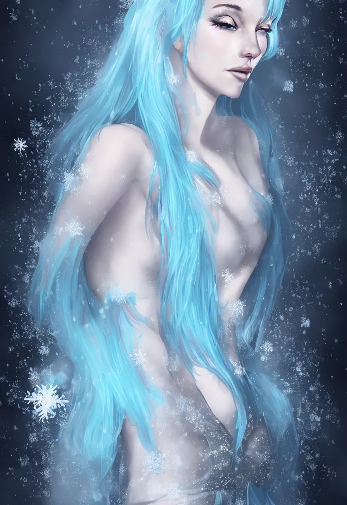 Image similar to a stunningly pretty woman with pale blue hair wearing a dress made out of snowflake in the middle of a snowstorm. award - winning digital art, trending on artstation