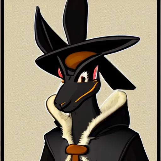 Image similar to anthropomorphic jackrabbit harengon with black skin and white highlights, wearing stylized monk robes and a very wide brimmed black safari hat, focus on hat, digital art featured on artstation