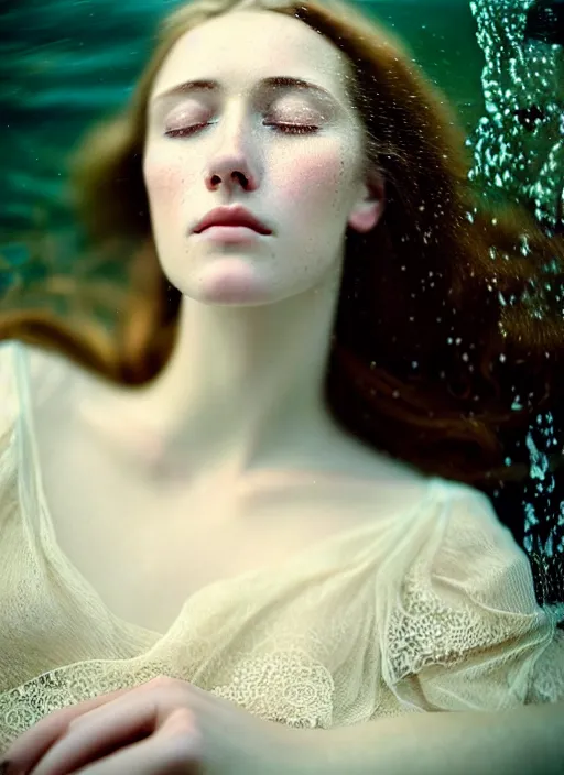 Image similar to Kodak Portra 400, 8K, soft light, volumetric lighting, highly detailed, sharp focus,britt marling style 3/4, Close-up portrait photography of a beautiful woman how pre-Raphaelites a woman with her eyes closed is surrounded by water , face is surrounded by fish, she has a beautiful lace dress and hair are intricate with highly detailed realistic beautiful flowers , Realistic, Refined, Highly Detailed, natural outdoor soft pastel lighting colors scheme, outdoor fine art photography, Hyper realistic, photo realistic