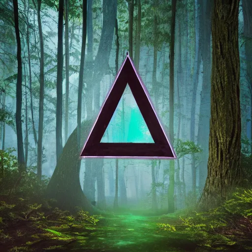 Prompt: a portal in the forest in the shape of a triangle that leads to a vapor wave alternate universe, 8k, trees, path