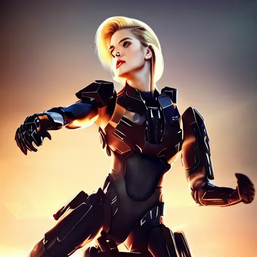 Image similar to A combination of Grace Kelly's and Ada Wong's and Ashley Greene's appearances with blonde hair wearing Forerunner armor from Halo, high tech, action shot, angular, full body portrait, futuristic, dramatic, fantasy, intricate, elegant, highly detailed, artstation, matte, sharp focus, 8K, art by Artgerm and Greg Rutkowski and Alphonse Mucha