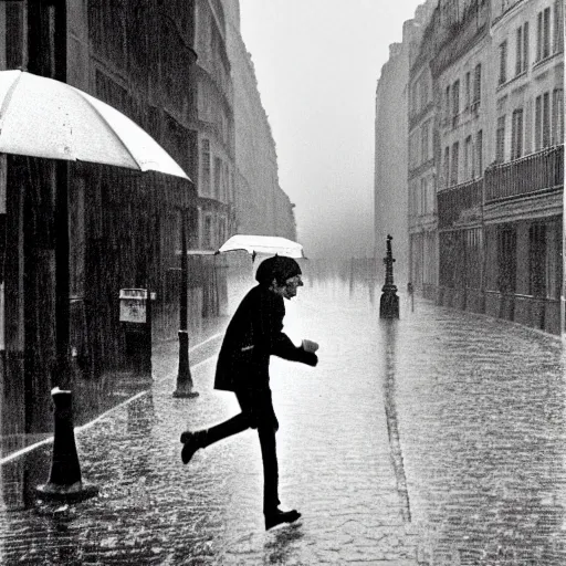 Image similar to the man leaping in a raining paris street, by henri cartier bresson,