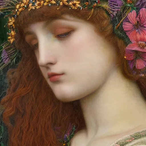 Image similar to Beautiful Pre-Raphaelite goddess of wearing an intricate crow headdress, in the style of John William Godward and Anna Dittman, close-up portrait, porcelain skin, head in focus, flowers and plants, etheric, moody, intricate, mystical,