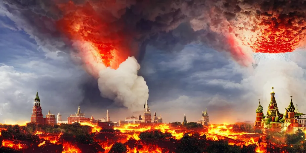 Prompt: a photo of a massive nuclear strike on Moscow Kremlin, nuclear mushroom, lots of fire, panic, dark, clouds, 8k, high detail, advanced rendering whimsically designed art, 4k post-processing highly detailed, Soft illumination