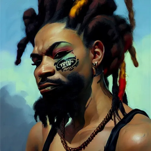 Image similar to Greg Manchess portrait painting of an afropunk villian character with facial tattoo, dreads, heavy build, medium shot, asymmetrical, profile picture, Organic Painting, sunset dark dramatic day, matte painting, bold shapes, high contrast, hard edges, street art, trending on artstation, by Huang Guangjian and Gil Elvgren and Sachin Teng