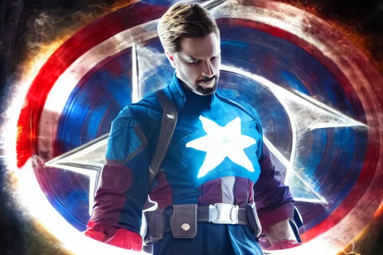 Image similar to photograph of captain america performing magic like doctor strange, photography, dramatic