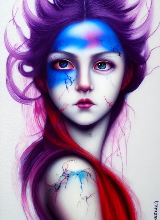 Image similar to beautiful matte airbrush portrait of a maiden with sad eyes crying on a white background, inspired by ayami kojima, 8 0's airbrush aesthetic, purple red and blue color palette, art by pater sato