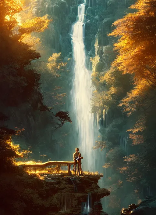 Image similar to detailed intricate digital illustration by greg rutkowski and artgerm and wlop and sanford robinson gifford ; 2 0 0 4 vehicle, shimmering waterfall in background ; 1 3 mm film, arri alfa anamorphic lens ; sharp focus, golden hour lighting, trending on artstation 4 k ; close view