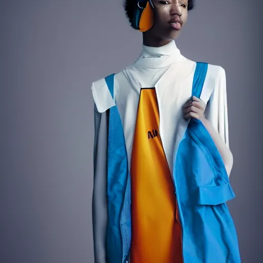 Image similar to realistic photoshooting for a new issey miyake lookbook, color film photography, portrait of a beautiful woman, model is wearing techtical vest, blue direct lightning, photo in style of tyler mitchell, 3 5 mm,