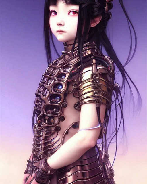 Prompt: portrait of beautiful cute young goth asian maiden anime girl with braided hair in warhammer mechanical armor, high details, art by ( ( ( kuvshinov ilya ) ) ) and wayne barlowe and gustav klimt and artgerm and wlop and william - adolphe bouguereau