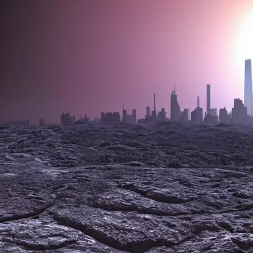 Image similar to sci-fi landscape realistic moonscape with city in distance, craters and harsh sunlight HD widescreen