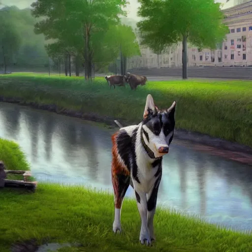 Image similar to A digital painting of a mossy cow in Moscow looking at a river. The cow is holding a wineskin and wears a rucksack. Husky dogs are swimming in the river.