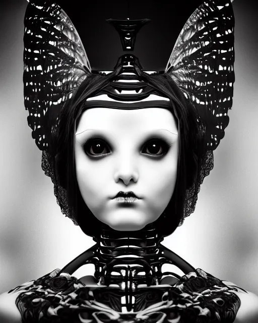 Prompt: surreal mythical dreamy dark artistic black and white fine art 3 / 4 fashion portrait photo of a young beautiful delicate female robot - owl with orchid - doll face, rim light, cinematic, studio dramatic light, poetic, masterpiece, octane render, 8 k, photo - realistic by gustave dore hg giger tamara de lempika