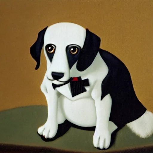 Image similar to a picture of a dog in a tuxedo in the style of jan gossaert