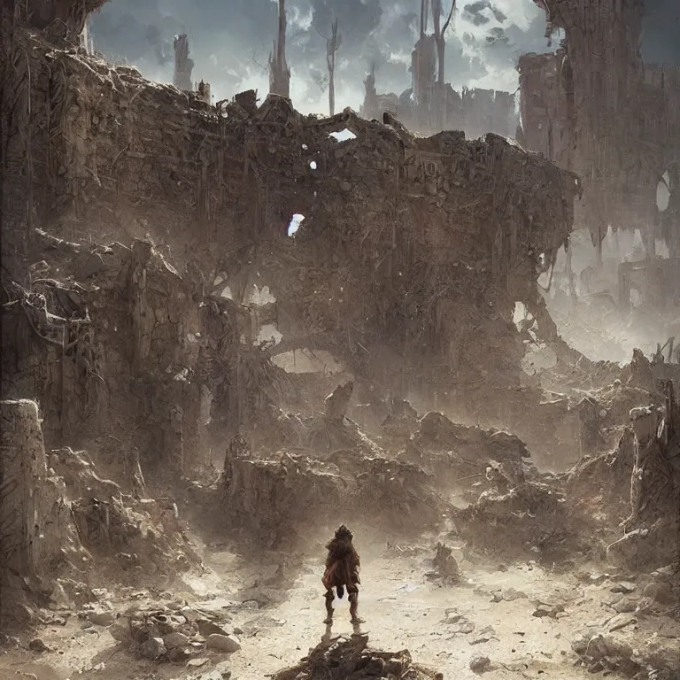 Prompt: shrek wearing a ragged cloak wandering a post apocalyptic desert wasteland with ruins of civilization, cinematic, digital art by greg rutkowski