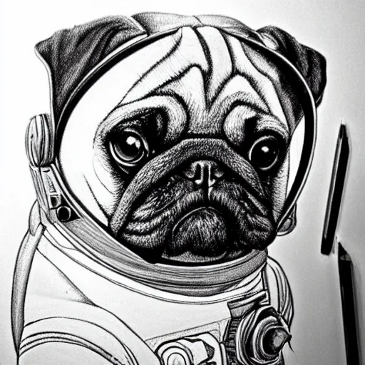 Image similar to pencil art, golden - ratio, spirals, highly detailed, astronaut pug in outer space by davinci.