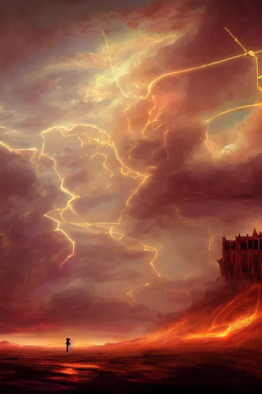 Image similar to breathtaking digital painting of a storm with dozens flying swords of light, in golden clouds in a desert castle, strokes of mist and scarlet ribbons, german romanticism style, volumetric lighting, concept art, matte, sharp focus, art by celestialfang, matchach, juanmao, dustin panzino, trending on artstation