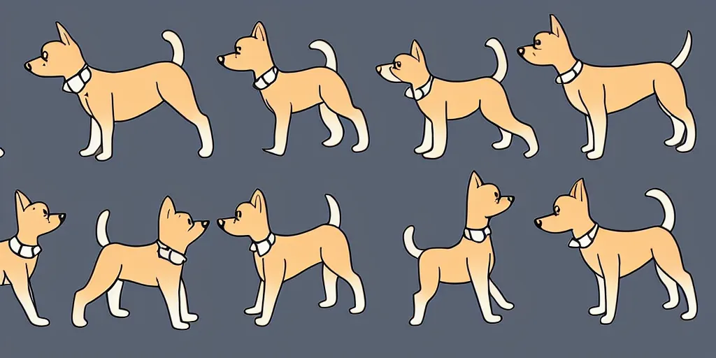 Prompt: cartoon dog, 4 frame walk cycle, digital art, vector art animation sheet