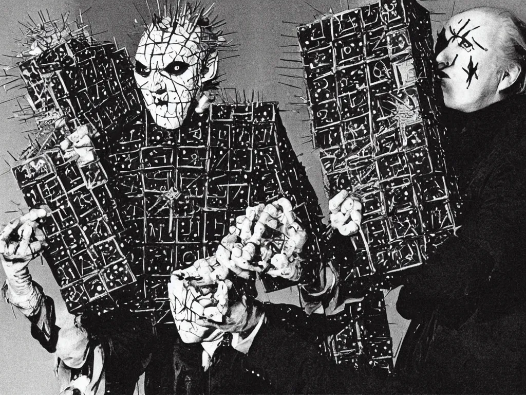 Prompt: hellraiser pinhead played by donald trump holding lemarchand's box, lament configuration, a still from hellraiser movie by clive barker