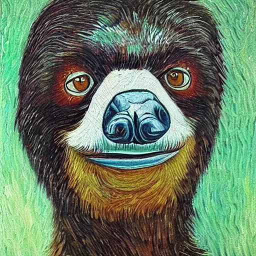 Image similar to a beautiful oil painting of a sloth's face in the style of van Gogh