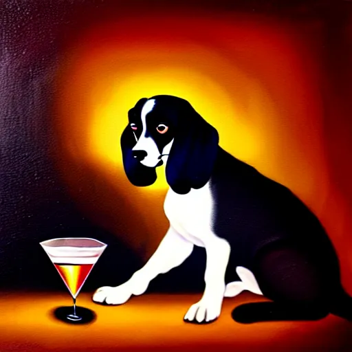 Image similar to a painting of a spaniel at a smokey bar with a Martini, renaissance, light effect