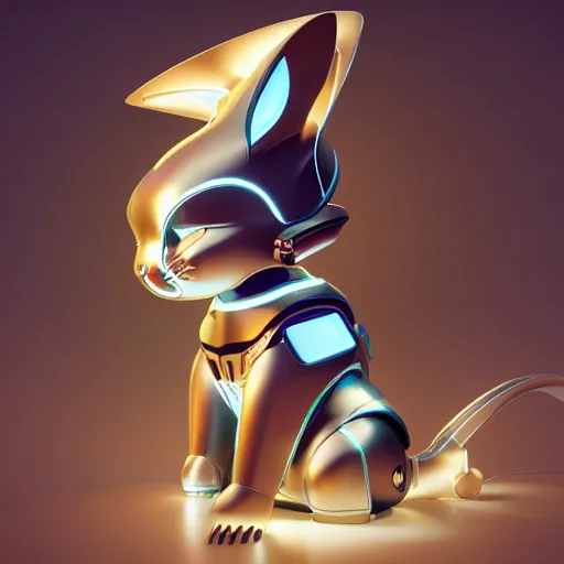 Prompt: product photo of a futuristic stylized pet robot, kitten puppy bunny mix, kindchenschema, large ears, large tail, by artgerm and greg rutkowski and marc newson, alphonse mucha, zaha hadid, side view, volumetric light, detailed, octane render, midsommar - t