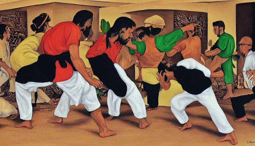 Prompt: capoeira, painting by escher