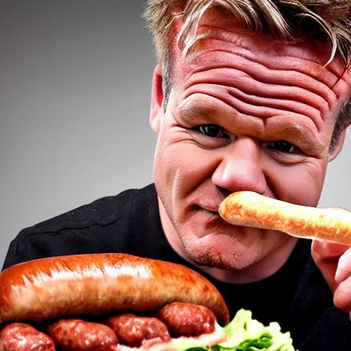 Prompt: gordon ramsey eating sausage with sauce and not liking it, high quality photograph, photorealist F1.8