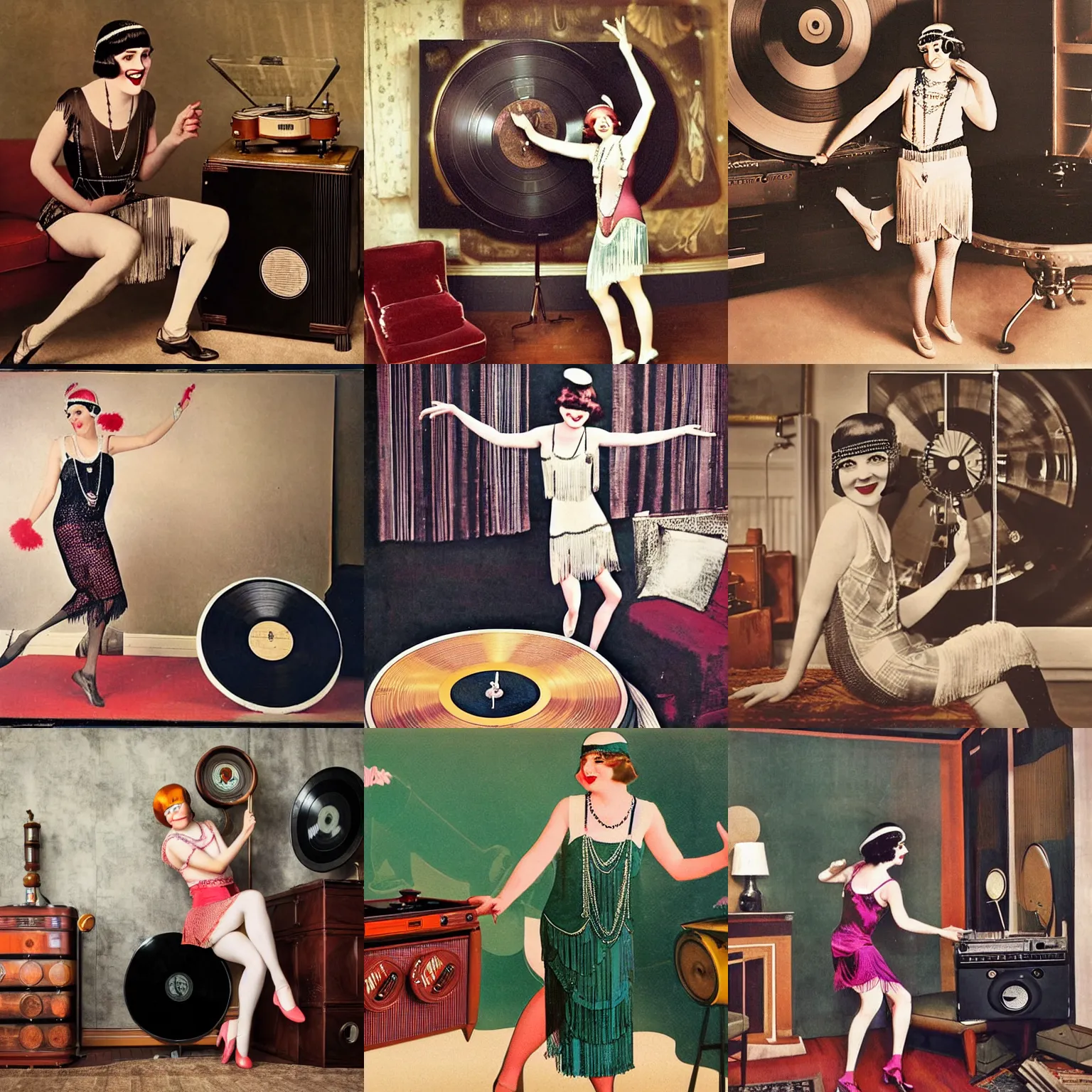 Prompt: cute female flapper dancing in a 1920s living room in front of a giant antique record player, vintage album art