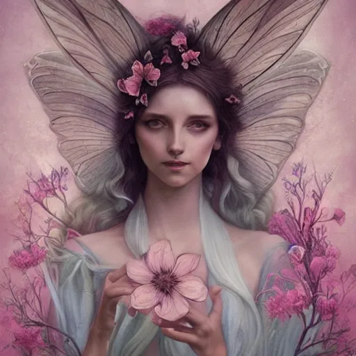 Image similar to symmetry!! a pink beautiful fairy with large wings and flowing hair is exploring her flower garden, style of tom bagshaw, extremely detailed, muted colors, negative space