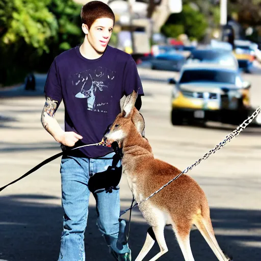 Prompt: Pete Davidson!!!, Walking a kangaroo on a leash, photo