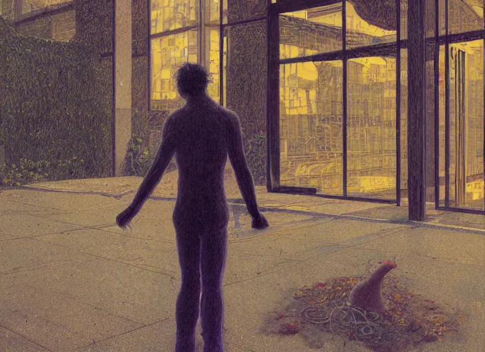 Image similar to portrait of man outside office building with ghost, cynical realism, painterly, yoshitaka amano, miles johnston, moebius, beautiful lighting, miles johnston, klimt, tendrils, in the style of, louise zhang, victor charreton, james jean, two figures, terrence malick screenshots, ghibli screenshot