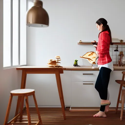 Prompt: photorealistic image of a beautiful girl cooks delicious pancakes in a minimalist kitchen with white walls, a red oak table.