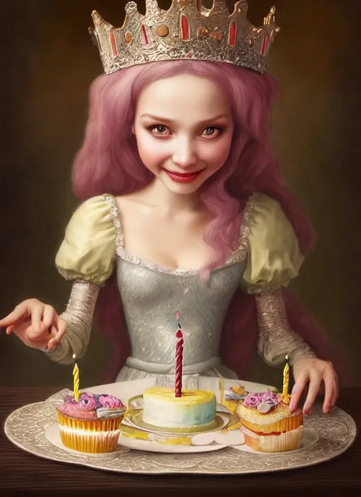 Image similar to highly detailed closeup portrait of a grinning fairytale medieval princess eating birthday cake, unreal engine, nicoletta ceccoli, mark ryden, lostfish, earl norem, global illumination, god rays, detailed and intricate environment