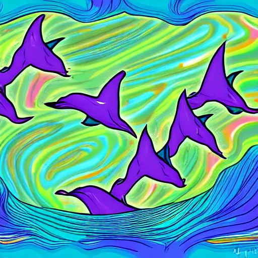 Image similar to dolphins jumping over a pile of hemp leaves in a psychedelic lisa frank style, digital art