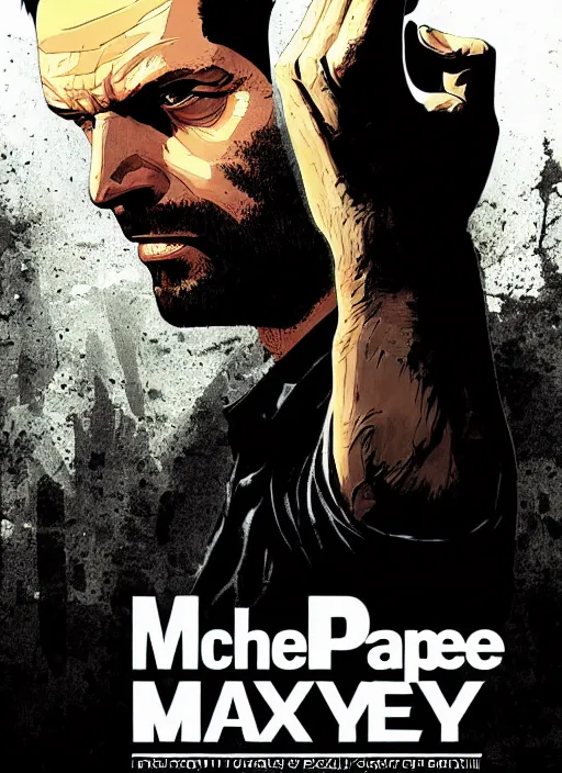 Prompt: poster artwork by Michael Whelan and Tomer Hanuka, a portrait of Max Payne in Deus Ex Human Revolution, clean