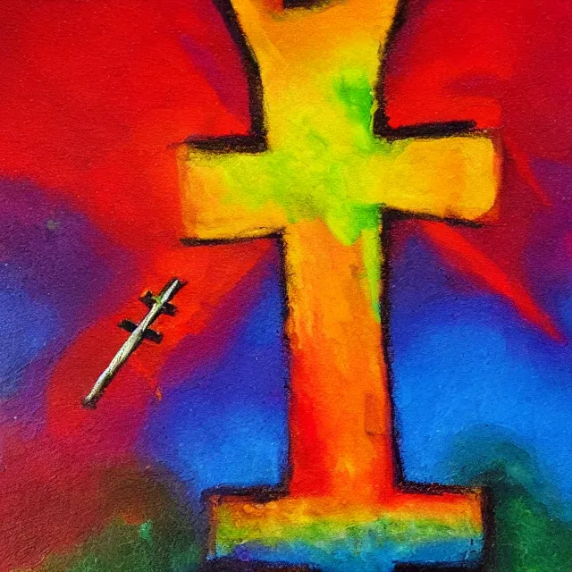 Image similar to burning cross in rainbow flames, finger oil painting